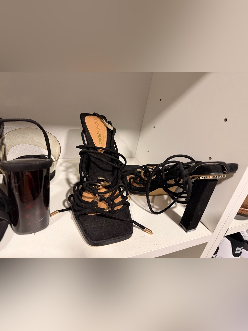 Fashion Nova Black Lace-Up Block Heels with Gold Accents